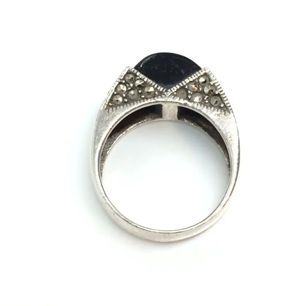 STERLING SILVER RING Black Stone Marcasite Domed Statement Boho Sz 9.25